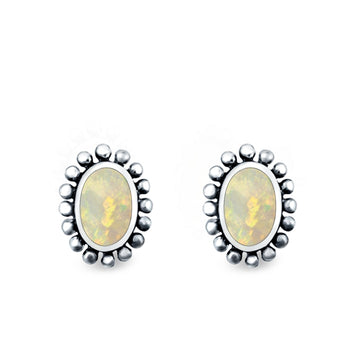 Flower Oval Shape Stud Earrings Lab Created White Opal 925 Sterling Silver (9mm)